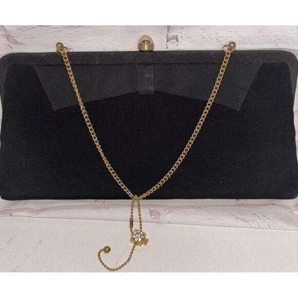 Vintage 50\'s Hand Bag Black Chain Strap With Attached Mini‎ Bow And Charm